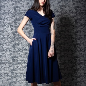 V-neck navy bridesmaid dress short sleeve. Midi navy blue dress with pockets - available in 50+ colors