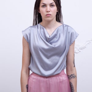 Silk top with cap sleeves. Silk blouse extended shoulders - over 20 colors