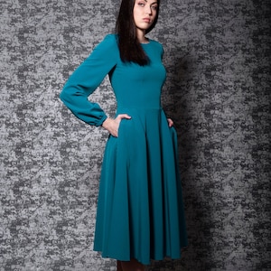 Turquoise bridesmaid dress with pockets. Wedding guset dress long sleeve - available in 50+ colors