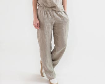 Loose linen pants with pockets women. Elastic waist linen trousers. Unbleached linen clothing - 20+ colors