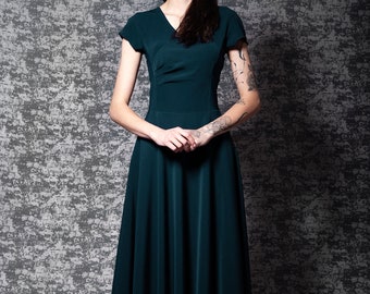 Dark green v-neck bridesmaid dress with pockets. Midi green dress short sleeve - available in 50+ colors