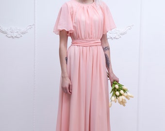 Flutter sleeve chiffon bridesmaid dress. Greek style peach dress long. Summer wedding outfit - 90+ colors