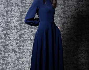 Long navy bue bridesmaid dress with sleeve. Modest navy dress with pockets - available in 50+ colors