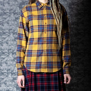 Flannel plaid shirt women. Long sleeve shirt with buttons and collar
