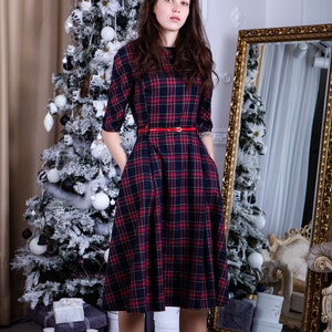 Black plaid dress. Midi tartan dress. Casual outfit with pockets - 3 colors