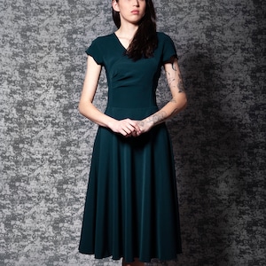 Dark green v-neck bridesmaid dress with pockets. Midi green dress short sleeve - available in 50+ colors