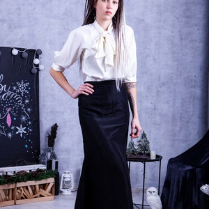 Long silhouette taffeta skirt and silk blouse set - 25+ colors of silk. Custom sizes available