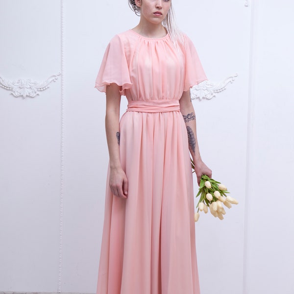 Flutter sleeve chiffon bridesmaid dress. Greek style peach dress long. Summer wedding outfit - 90+ colors