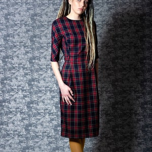 Black plaid pencil dress with pockets. Casual tartan dress knee length. Midi plaid dress for office