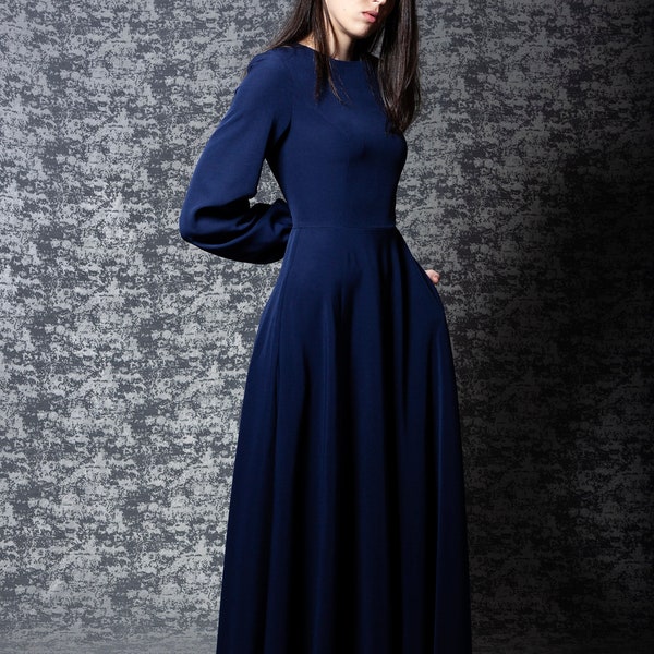 Long navy bue bridesmaid dress with sleeve. Modest navy dress with pockets - available in 50+ colors