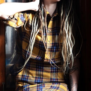 Yellow plaid shirt women. Long sleeve shirt with buttons. Tartan shirt with collar women