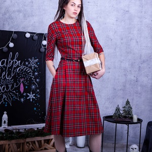 Christmas Plaid cocktail dress. Tartan casual dress with pockets. Midi everyday outfit - 3 colors