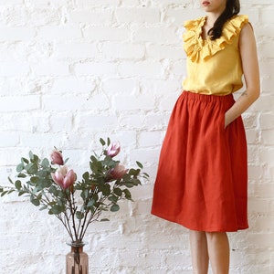 Midi linen skirt with pockets. Women elastic waist linen skirt. Red casual plus size skirt. Natural linen clothing women 20 colors image 1