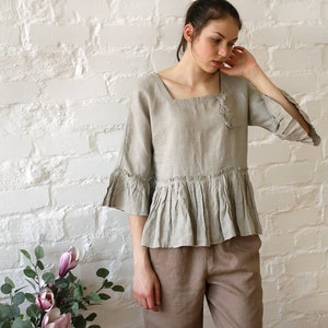Linen top with ruffle sleeves. Stylish womens linen top casual. Blouse with bows plus size. Natural unbleached linen clothing - 20+ colors