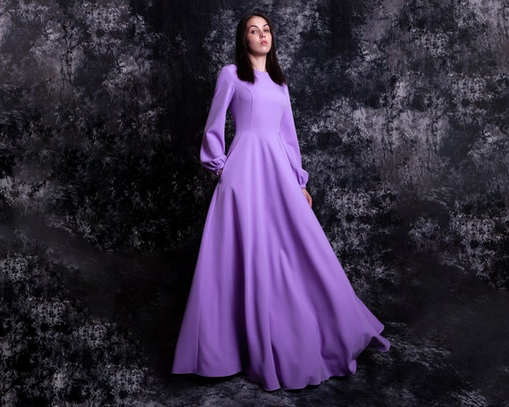 Vestido largo de dama de honor lila con bolsillos. Modesto vestido morado  manga larga 35 colores -  México