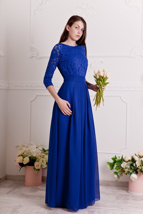 Royal Blue Long Sleeve Evening Gown