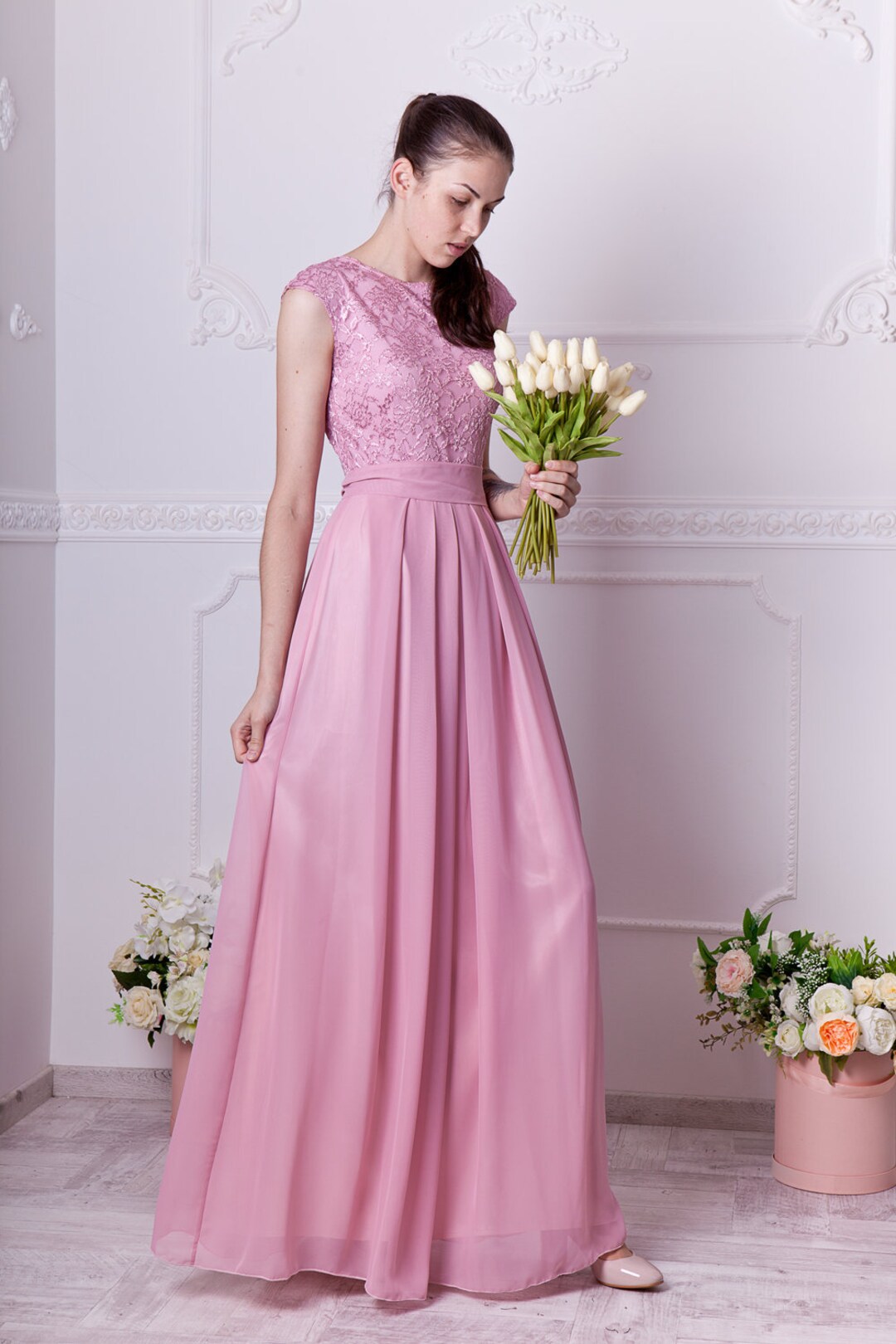 Long Dusty Rose Bridesmaid Dress With Cap Sleeves. Pink Lace Dress for