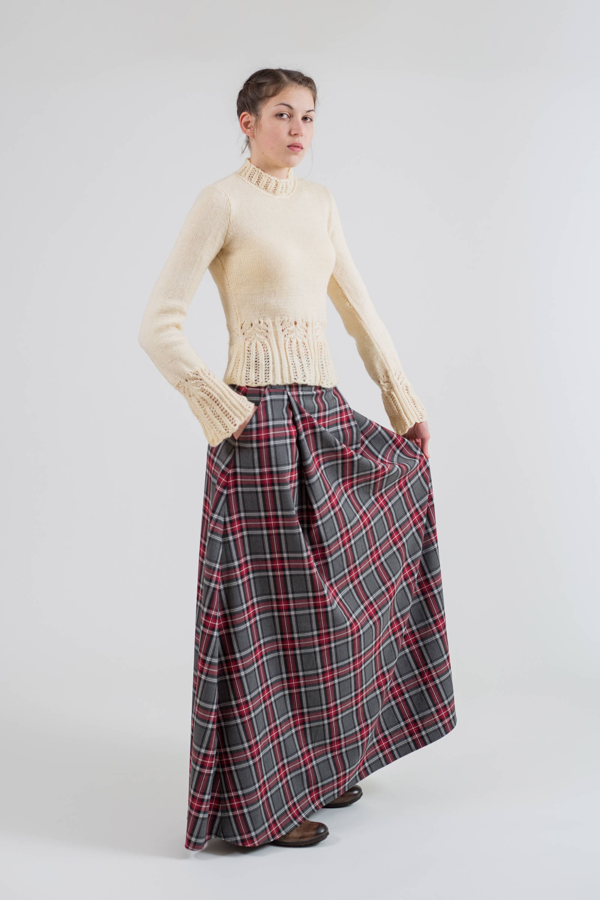 Long gris jupe à carreaux avec poches jupe tartan Maxi ...