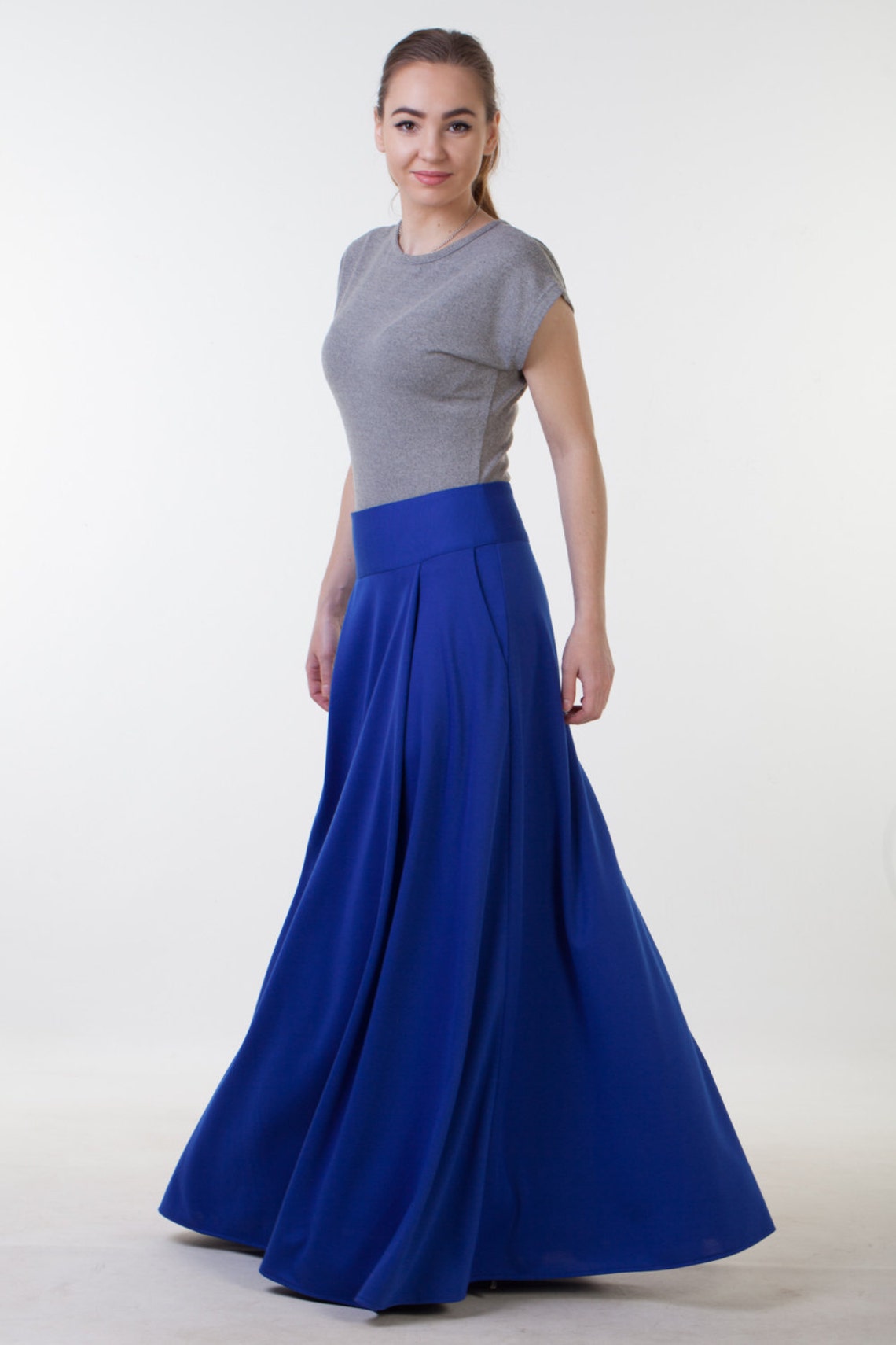 Long Blue Skirt With Pockets Office Skirt Long Autumn Skirt - Etsy