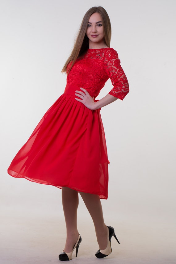 Red lace dress short sleeve 2025