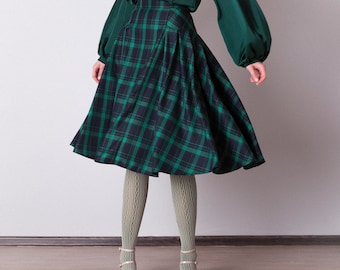 Midi black and green plaid skirt. Flared tartan skirt knee length. Pleated plaid skirt women