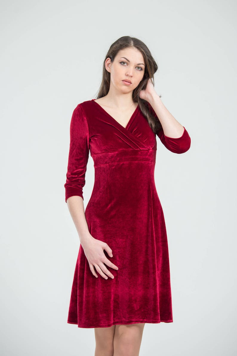 Burgundy velvet dress knee length Red velour evening gown with | Etsy