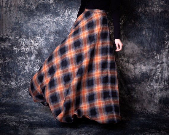 Wool Black and Orange Plaid Skirt With Pockets. Flannel Tartan   Etsy