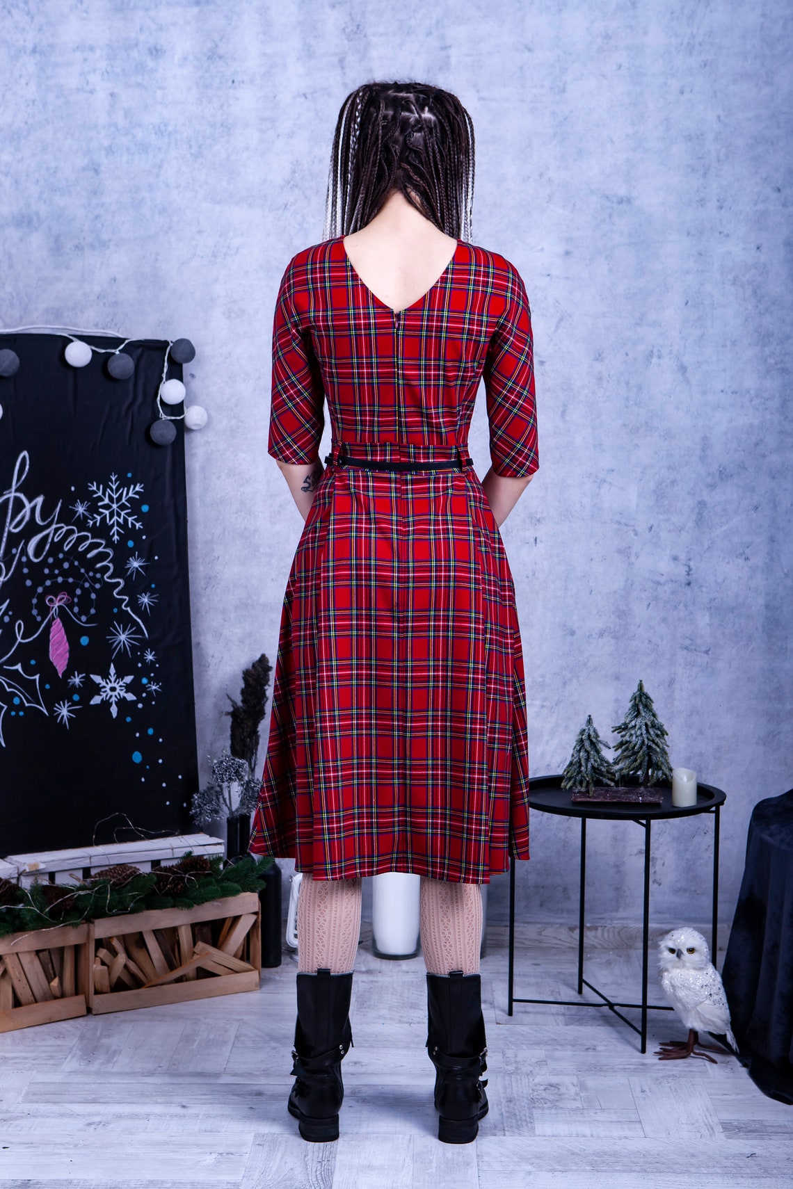 Plaid cocktail dress. Tartan casual dress with pockets. Midi Etsy
