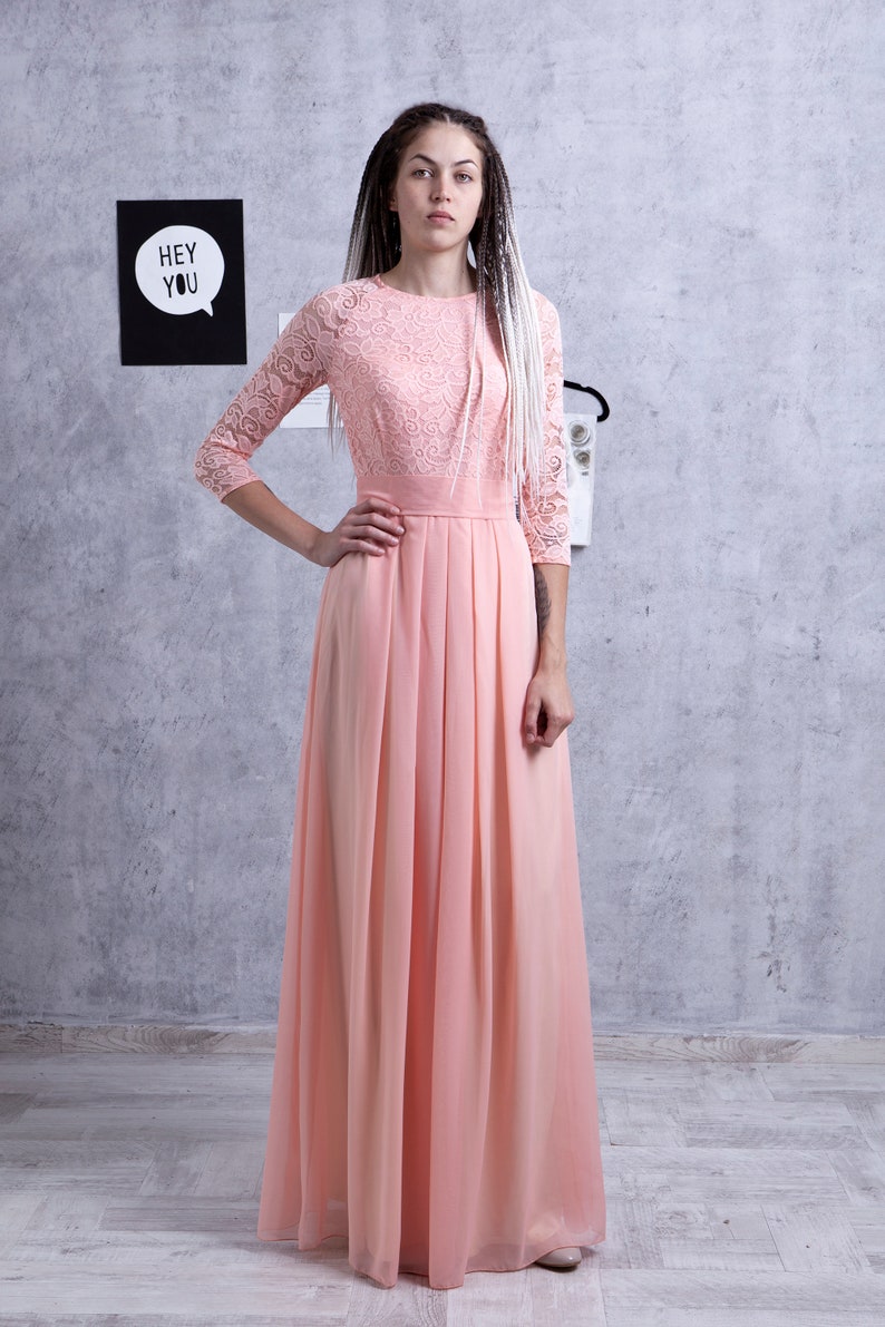 Lace peach bridesmaid dress long with sleeves size US 68 Etsy