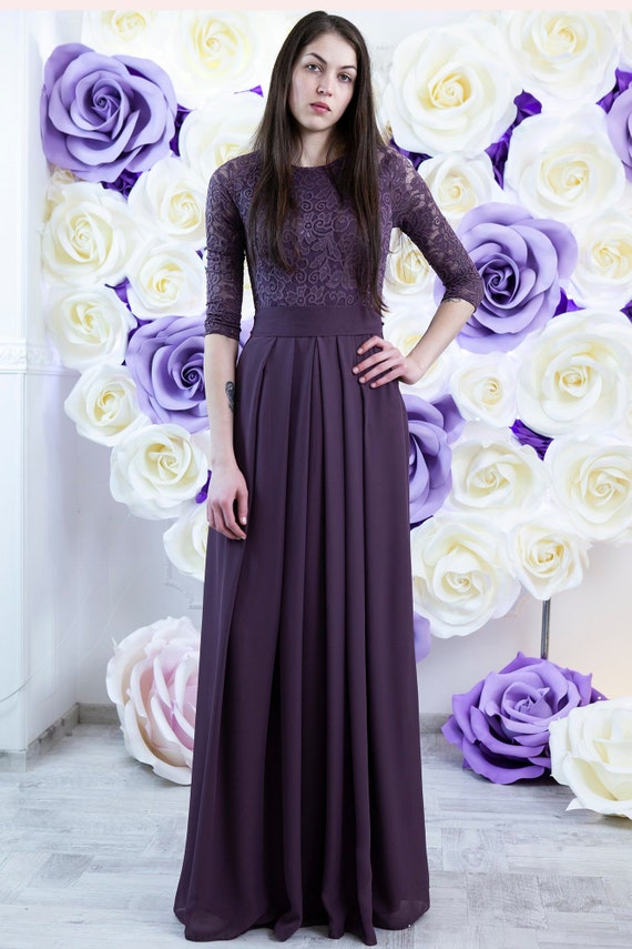 Purple Bridesmaid Dress Long. Modest Lace and Chiffon Dress With Sleeves. Formal  Evening Gown Women 
