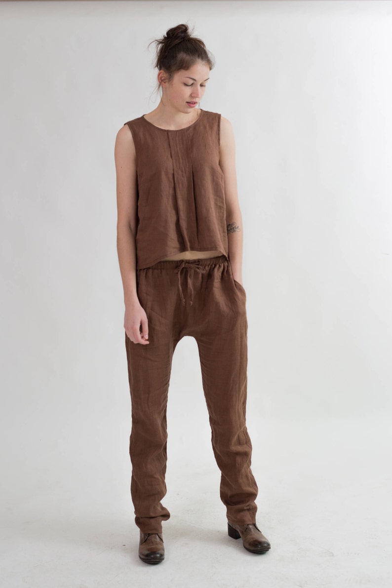 Long brown linen pants with pockets. Linen harem pants womens. Etsy
