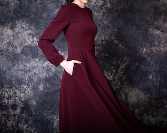 Red wine bridesmaid dress with pockets. Long wine modest dress with sleeves - available in 50+ colors