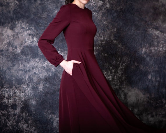 Red Wine Bridesmaid Dress With Pockets. Long Wine Modest Dress With Sleeves  Available in 50 Colors 