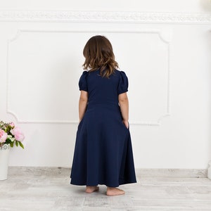 Navy blue mother daughter matching dresses. Chic mommy and me outfits with bow and pockets. Family look formal clothing image 4