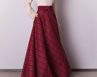 Flared red plaid skirt with pockets. Long red tartan skirt with sash. Christmas outfit women