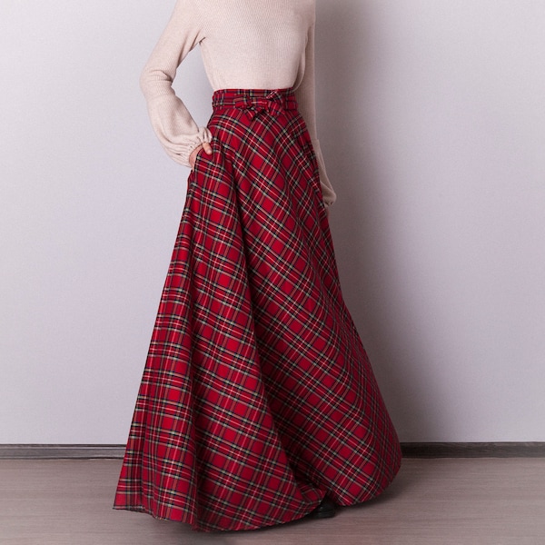 Flared red plaid skirt with pockets. Long red tartan skirt with sash. Christmas outfit women