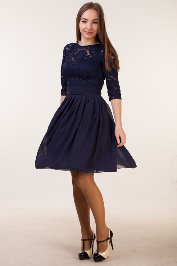 Short Navy Blue Dress With Sleeves Knee 
