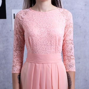 Lace peach bridesmaid dress long with sleeves - size US 6-8