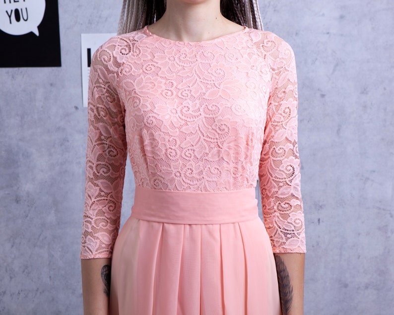Lace peach bridesmaid dress long with sleeves size US 68 Etsy