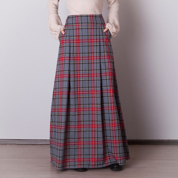 Jupe a carreaux grise avec poches. Jupe longue en tartan gris femme. Tenue automne hiver femme Etsy France