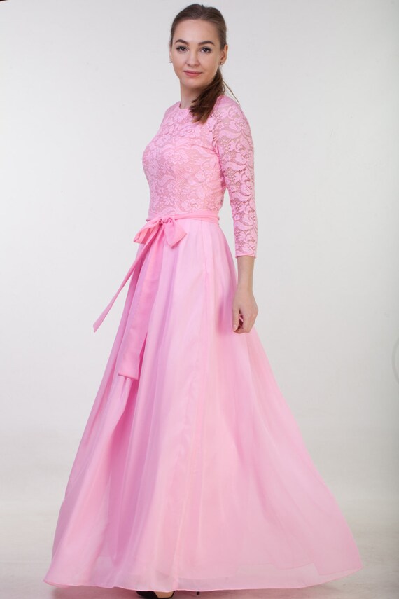 Lace Bridesmaid Dress in Pink. Long Pink Lace Dress With Sleeves