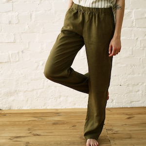 Straight linen pants women. Long casual linen pants with pockets. Everyday flax trousers elastic waist. Plus size clothing - 20+ colors