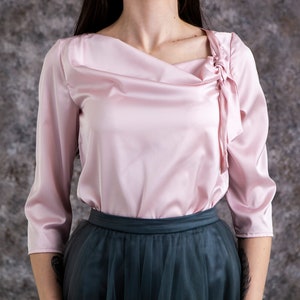 Silk top with bow tie. Silk blouse with sleeves over 20 colors image 1