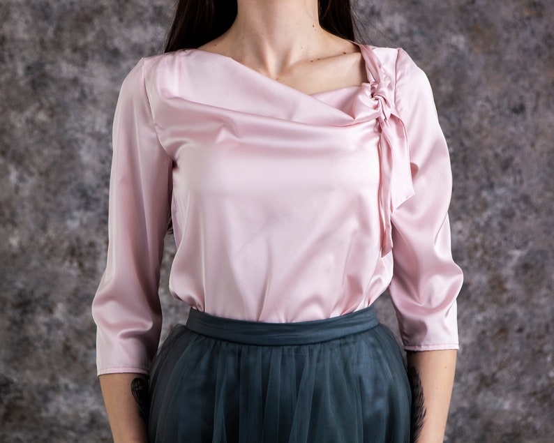 Silk top with bow tie. Silk blouse with sleeves over 20 colors image 1