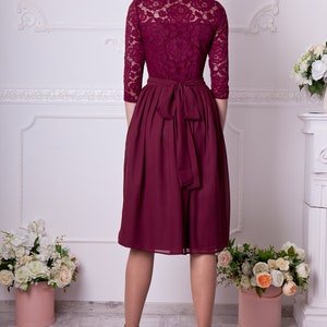 Short burgundy dress with sleeves. Bridesmaid lace dress knee length. Burgundy cocktail dress. Western wedding image 5