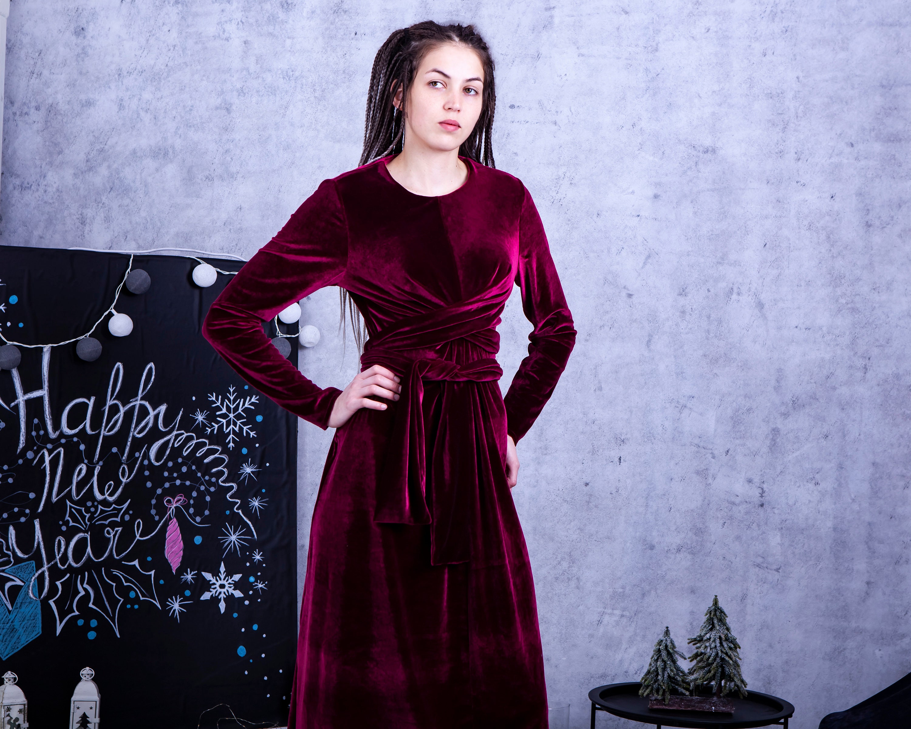 Burgundy velvet long sleeve dress sales