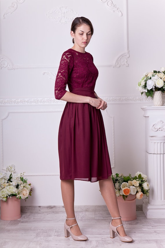 Short Burgundy Dress With Sleeves. Bridesmaid Lace Dress Knee