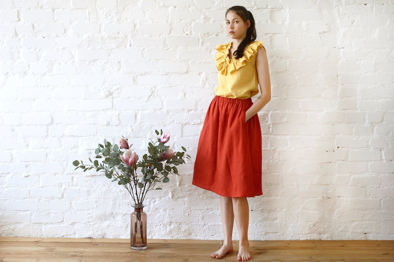 Midi linen skirt with pockets. Women elastic waist linen skirt. Red casual plus size skirt. Natural linen clothing women 20 colors image 1