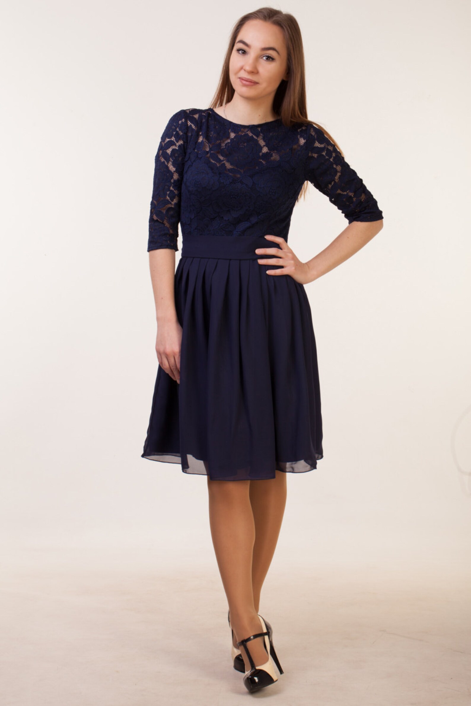 NEW LACE 2 PHOTO Short Navy Blue Dress With Sleeves. Navy - Etsy