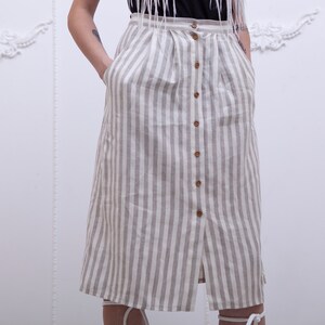 Stripes linen skirt with pockets. Pure linen skirt with buttons. Summer linen clothing - 20+ colors